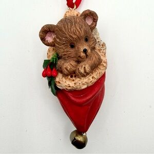 Festive Bear in Red Santa Hat Ornament With Holly and Bell - Christmas